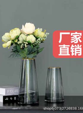 北欧简约创意玻璃花瓶透明 彩色t型描金客厅插花花器装饰花瓶