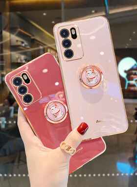 适用opporeno6pro手机壳硅胶reno6保护套潮镜头纯色猫支架手机保
