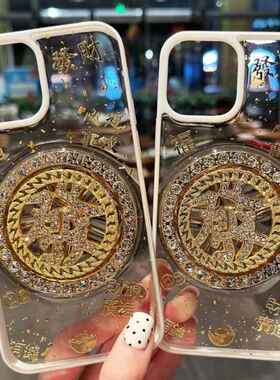 国风转盘發适用iPhone15手机壳时来运转14Pro滴胶金箔13保护套78p