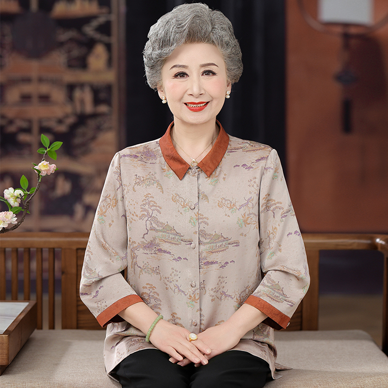 奶奶夏装衬衫中老年女装新中式国风翻领中长袖上衣气质妈妈装洋气