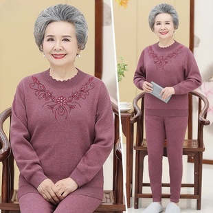 老年人冬裝 兩件套 奶奶秋冬加絨加厚針織毛衣媽媽裝 女保暖內(nèi)衣套裝
