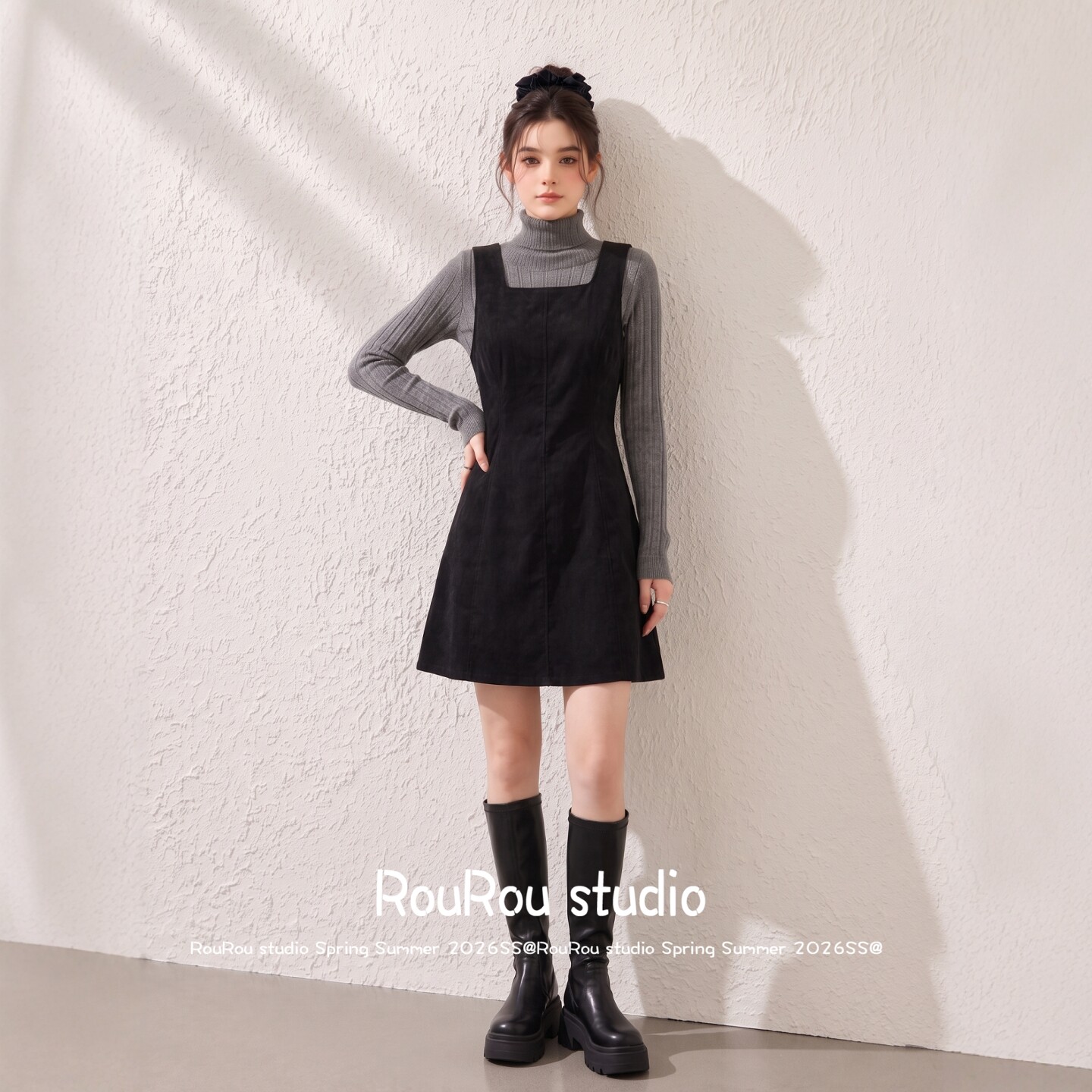 RouRou大码女装韩版高领打底衫+背带连衣裙胖mm气质套装裙秋上新