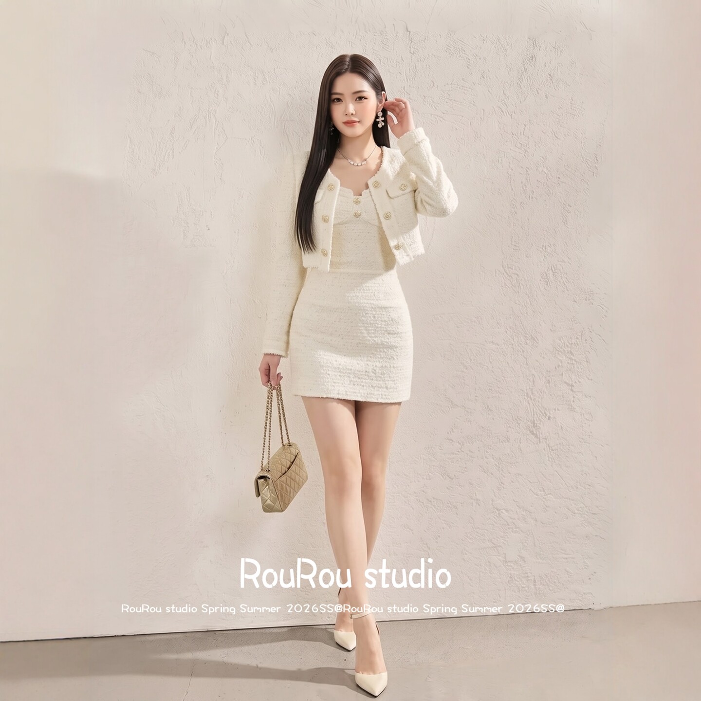 RouRou大码女装法式修身吊带裙+短款外套胖mm小香风套装秋上新