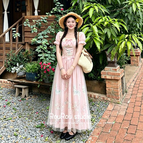 RouRou大码女装法式甜美风泡泡袖方领连衣裙夏季粉色A字长裙少女