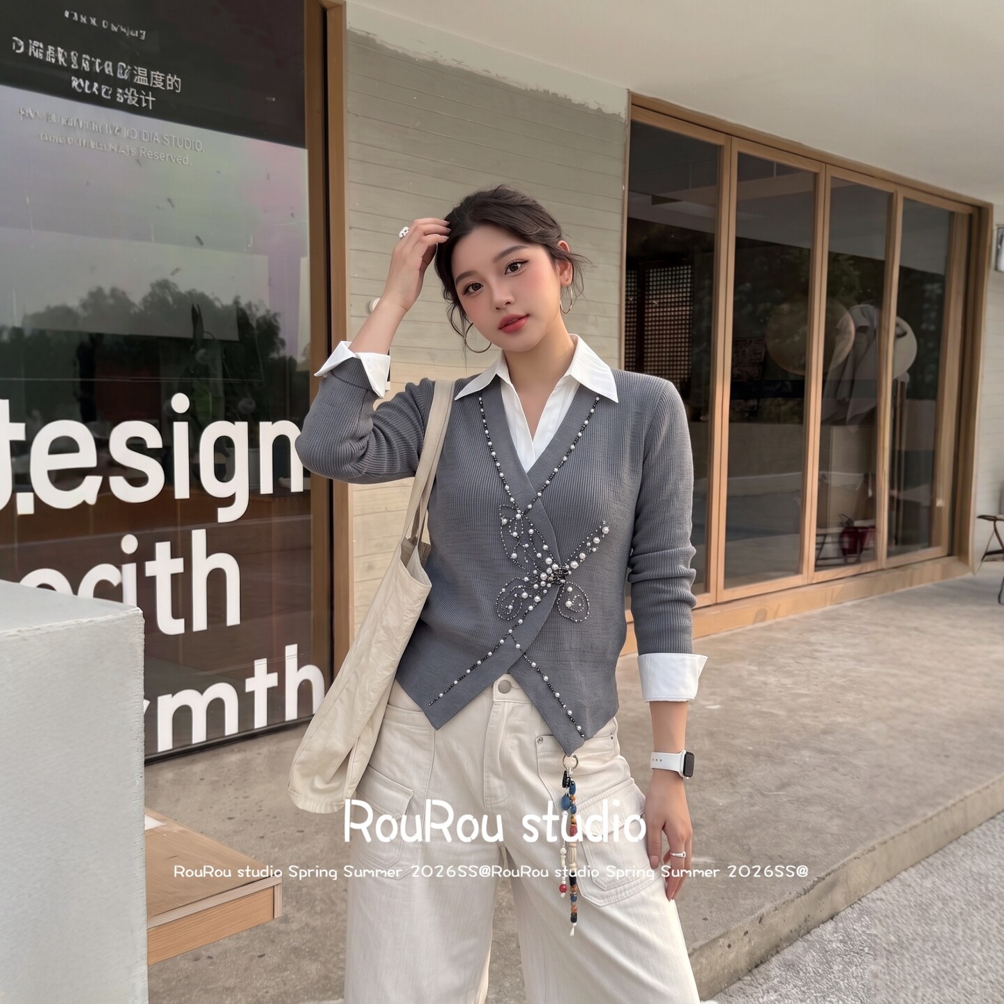RouRou大码女装韩版式假两件撞色钉珠针织上衣胖mm气质简约秋上新