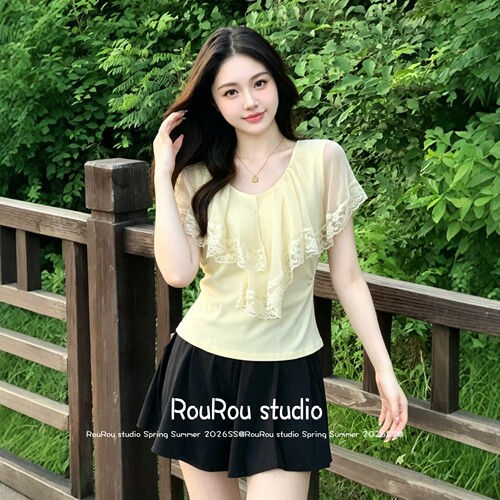 大码甜美风V领蕾丝拼接收腰上衣