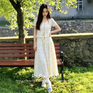 RouRou大码女装法式假两件拼接马甲碎花连衣裙胖mm气质甜美夏上新