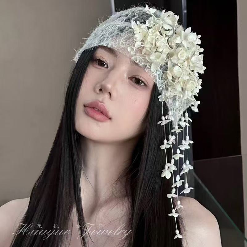 复古法式蕾丝包头帽配花朵流苏