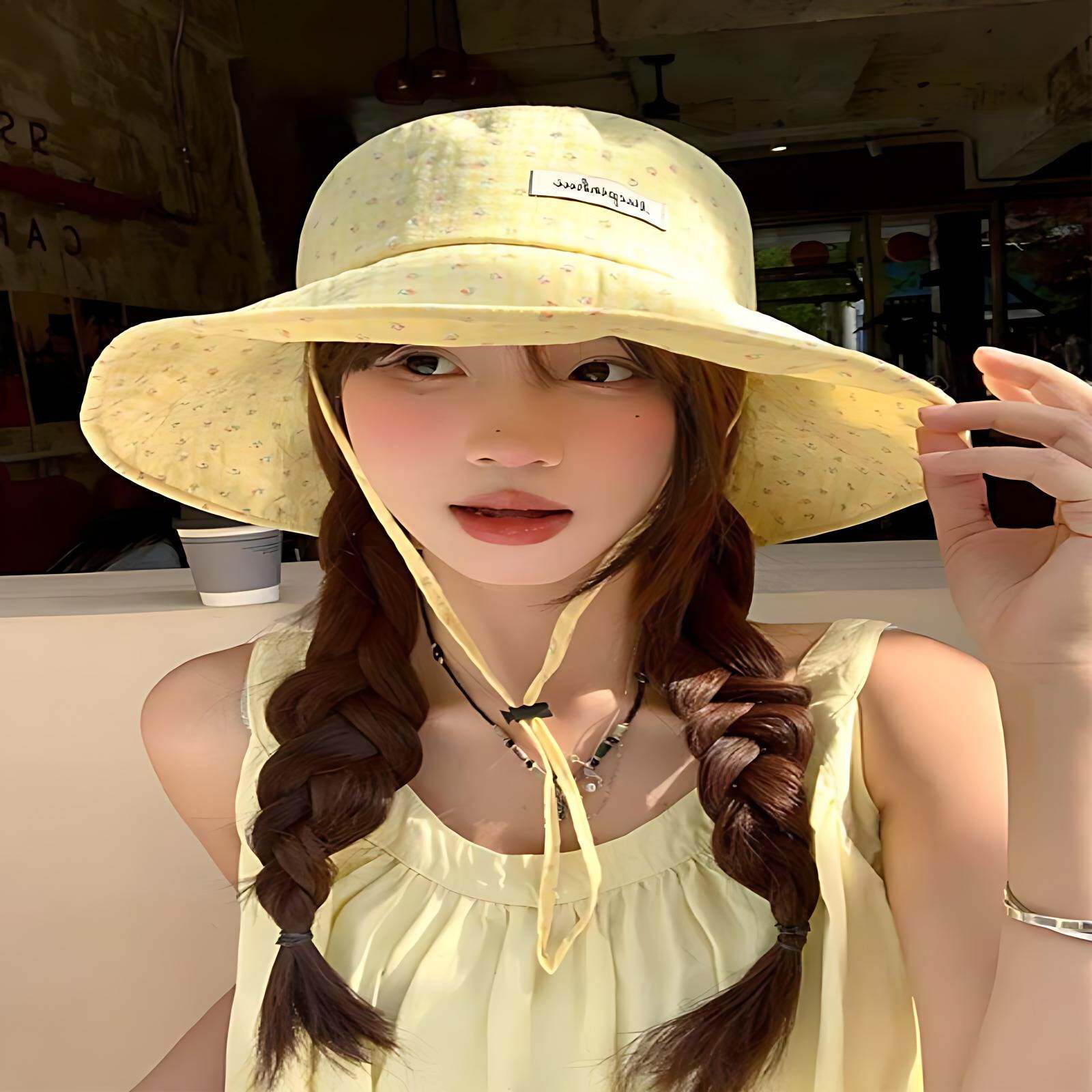 甜美碎花黄色渔夫帽女夏季轻薄大