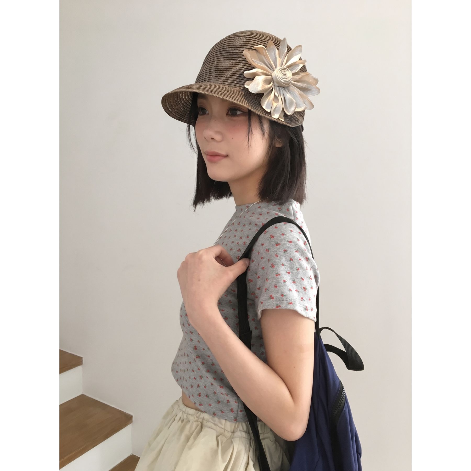自制小众法式复古花朵遮阳草帽女