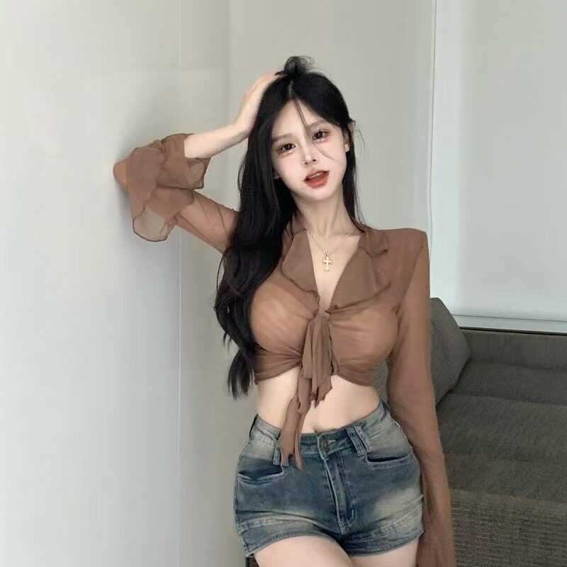 辣妹风绑带透视网纱长袖衬衫女短