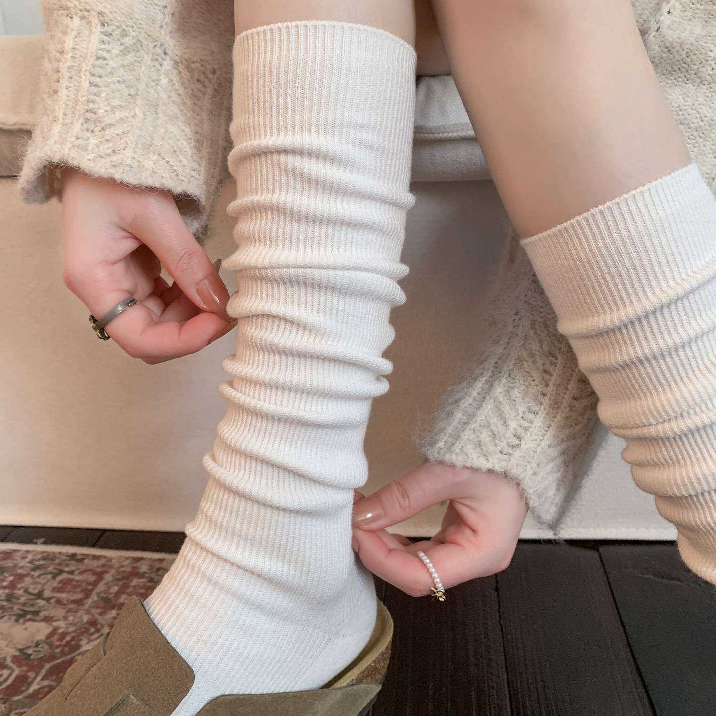 白色堆堆袜子女秋款纯棉无骨显瘦