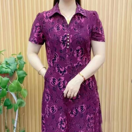 夏季新款连衣裙气质时尚显瘦短袖POLO领中长款裙子中年妈妈女装