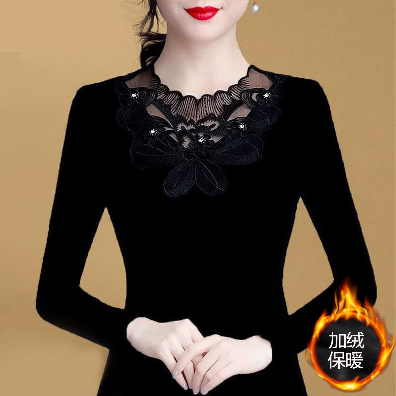 2025春季长袖T恤女士秋冬季蕾丝烫钻宽松大码女装保暖上衣打底衫