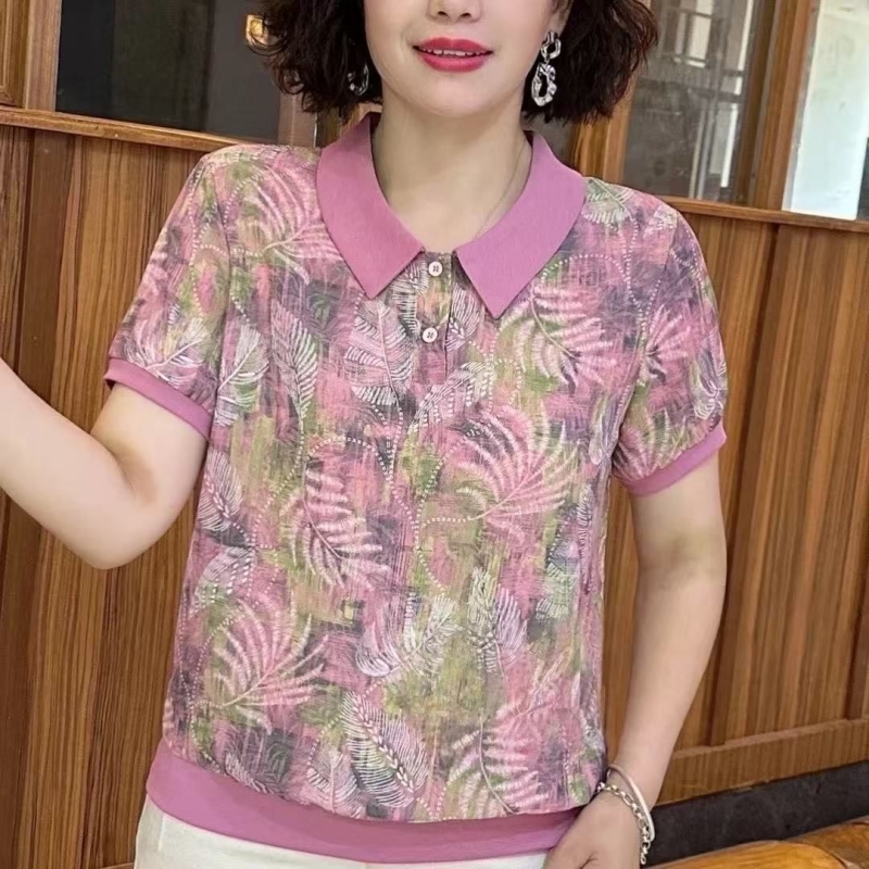 夏季新款T恤女士时尚娃娃领宽松大码显瘦短袖印花洋气减龄妈妈装