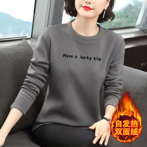 德绒上衣加厚宽松印花长袖T恤