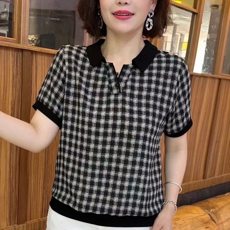 夏季新款T恤女士格子短袖时尚休闲减龄大码宽松显瘦洋气妈妈上衣
