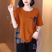 T恤女士夏季 宽松大码 女装 短袖 拼接假两件洋气减龄中年妈妈装 上衣