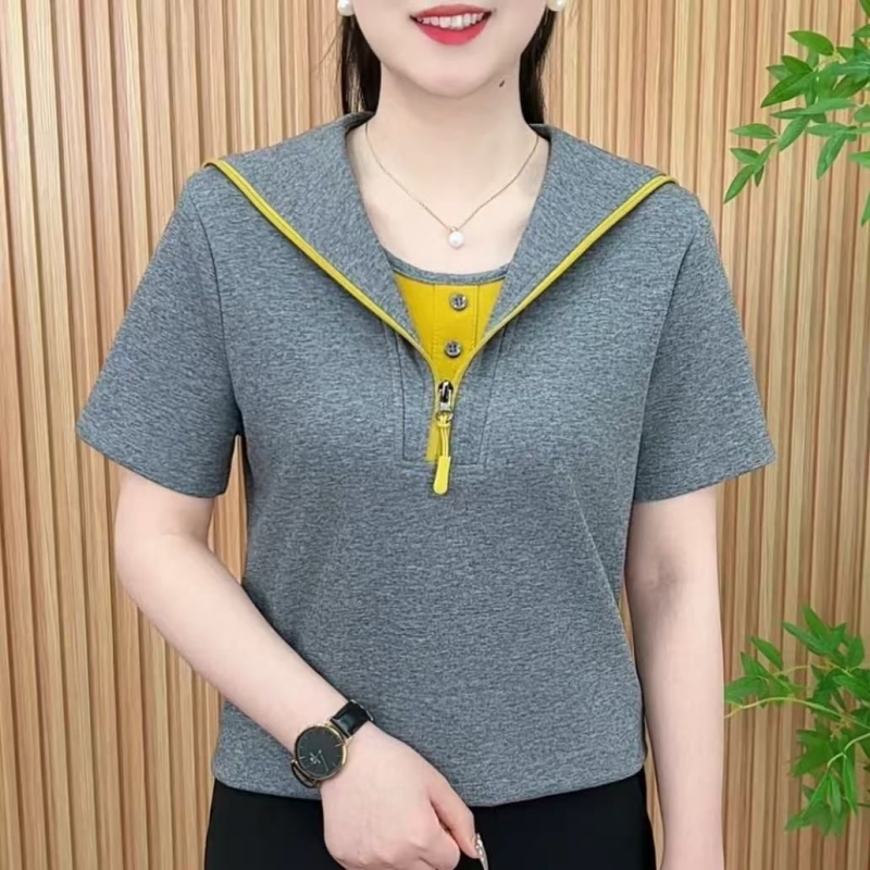 2025夏季新款T恤洋气海军领假两件拉链减龄显瘦短袖上衣大码女装