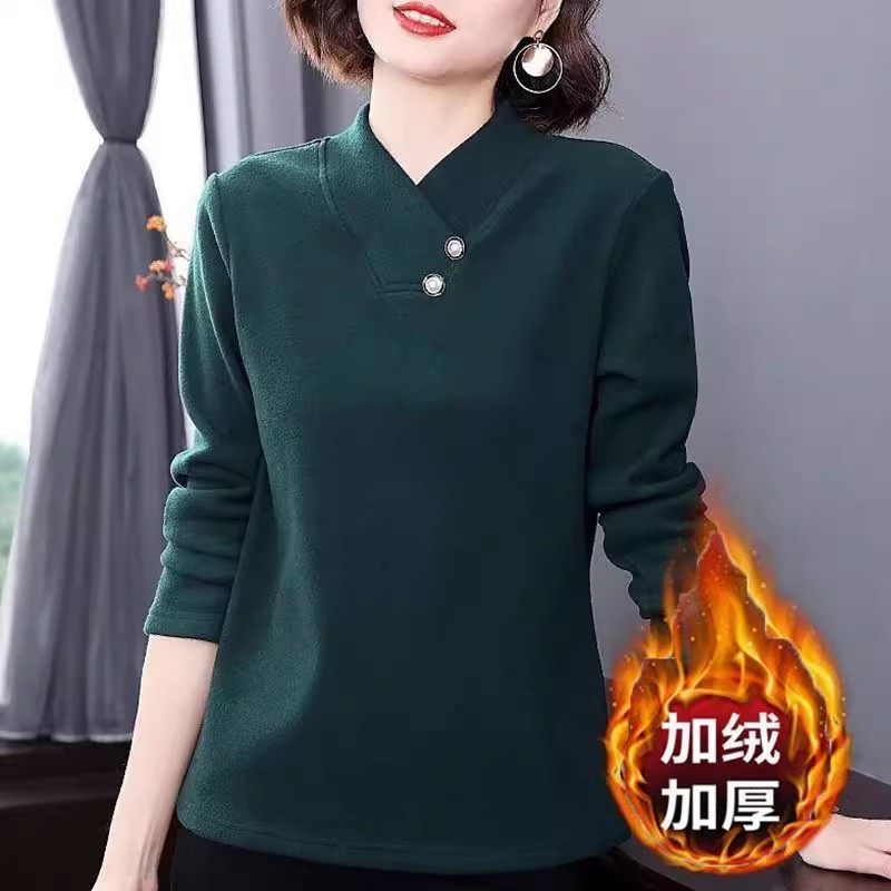 V领上衣女T恤秋冬季时尚韩版加绒加厚长袖大码遮肉德绒打底衫女装