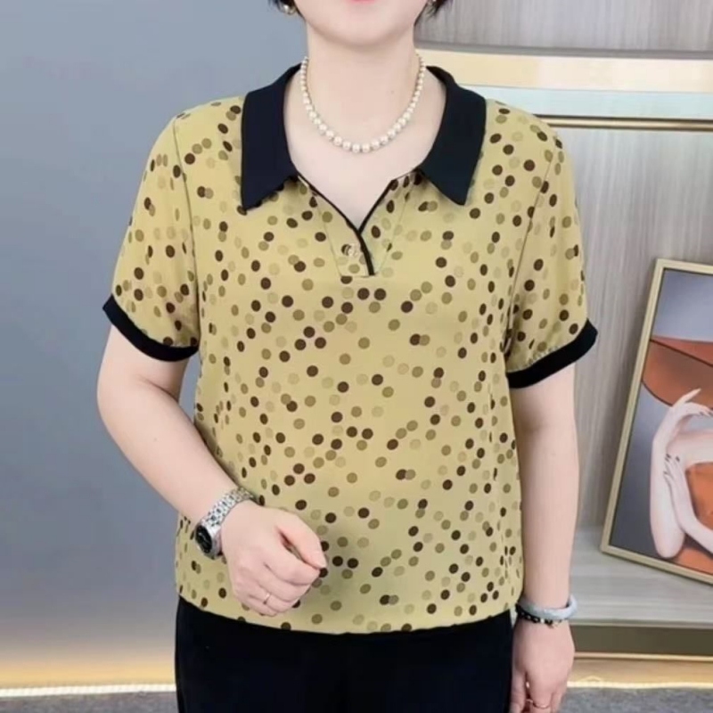 T恤女士2025夏季新款时尚翻领圆点短袖休闲显瘦洋气宽松妈妈上衣