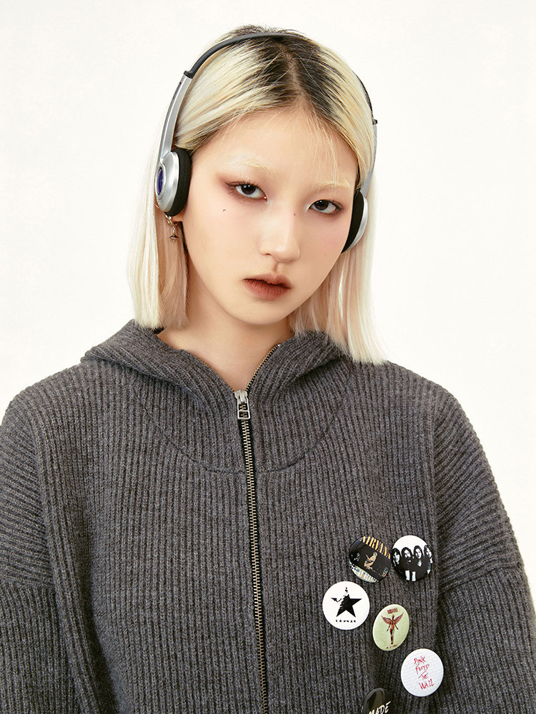 MADEEXTREME 여성용 회색 후드 스웨터 남성용 느슨한 가을 겨울 게으른 스타일 지퍼 카디건 니트 자켓