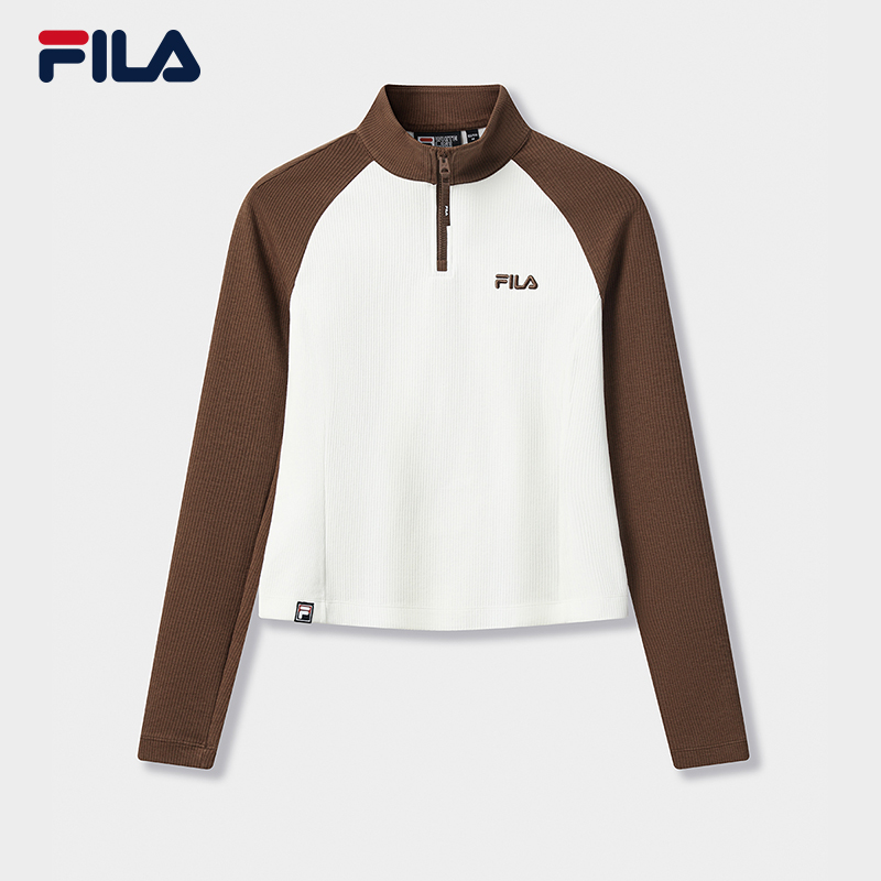 FILA 斐乐官方女子针织长袖衫2025冬季新款时尚休闲拼色半拉链长T