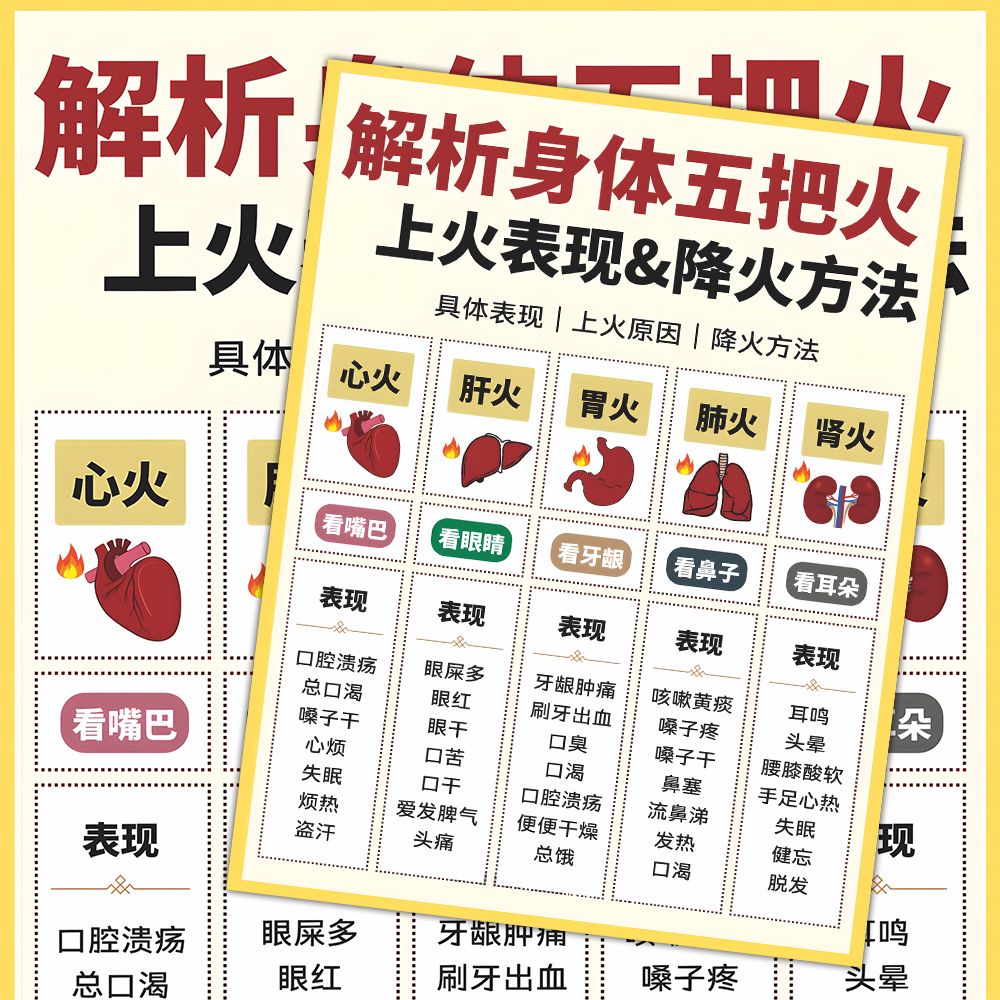 身体发出的信号健康知识科普解析身体五把火降火技巧自粘贴画大张