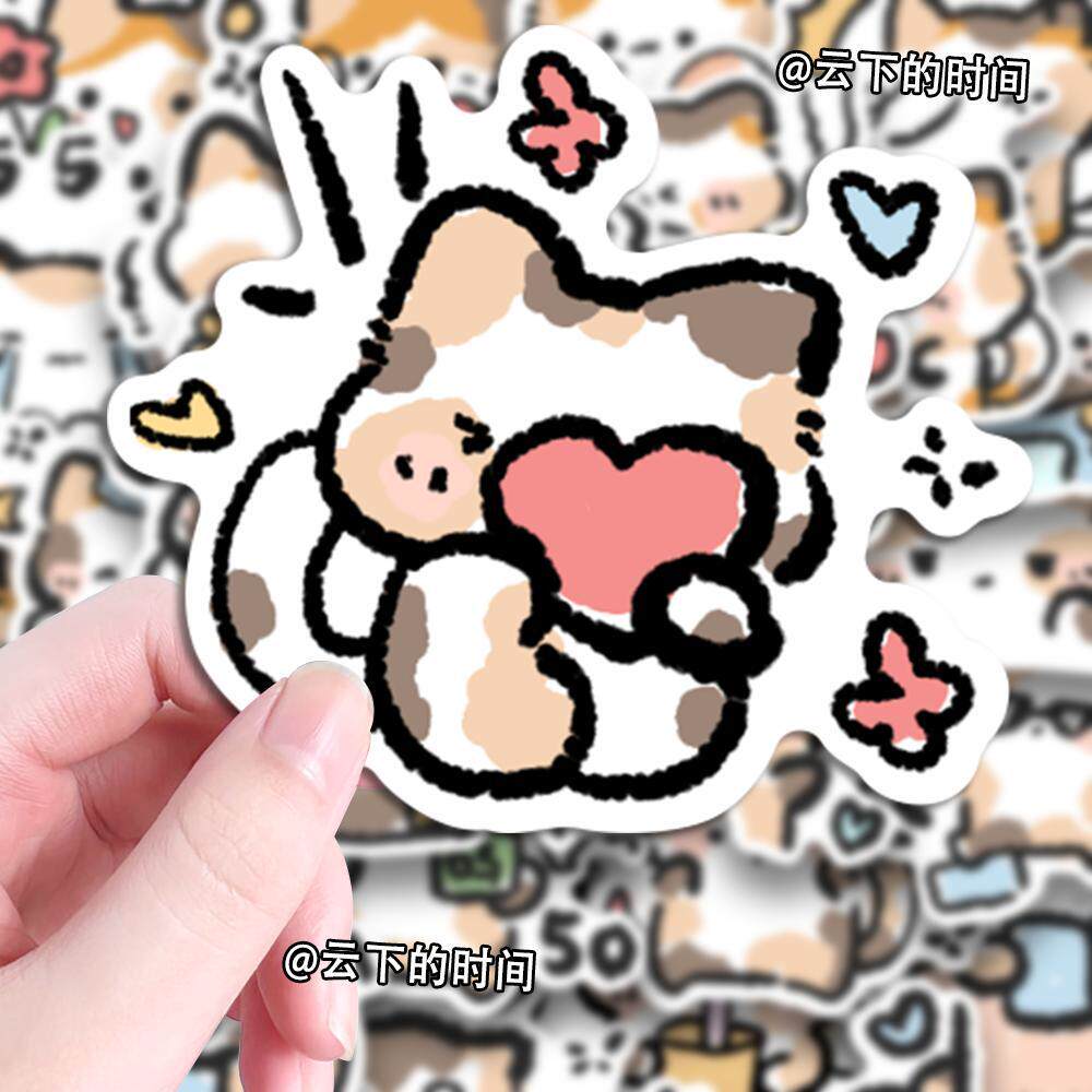 100张原创三花猫可爱卡通小猫萌宠系手绘贴纸ins装饰桌面diy