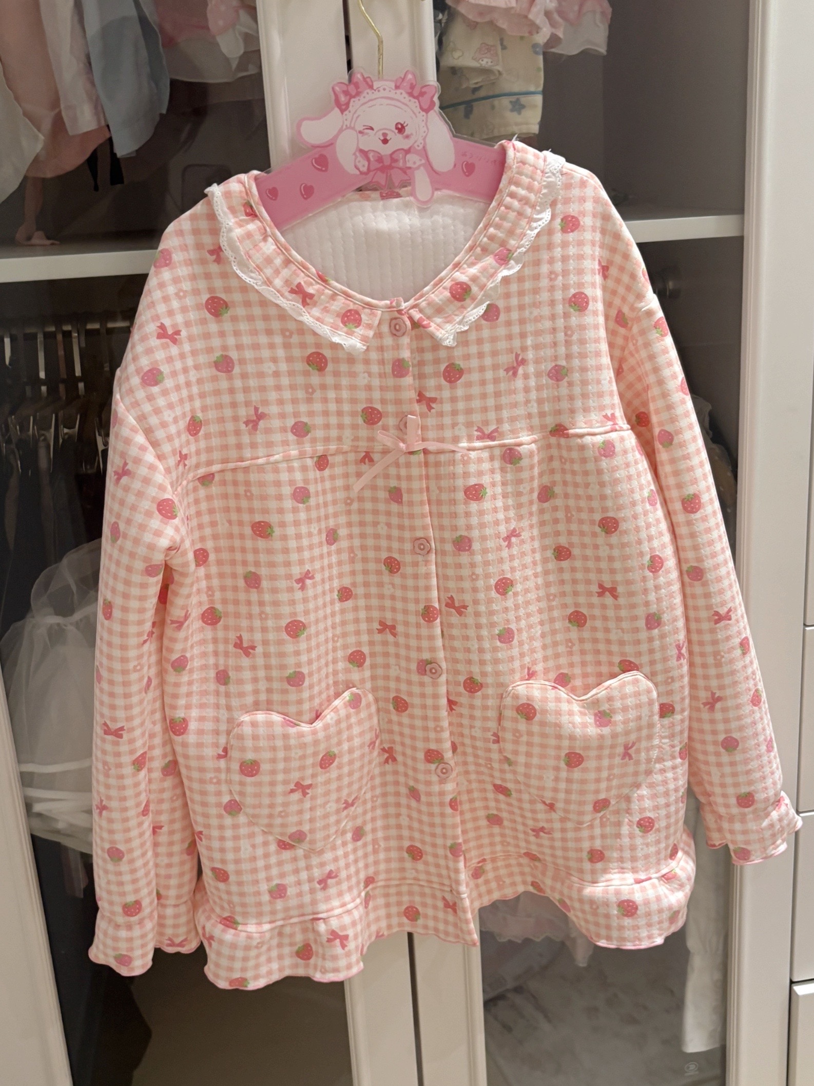 【小软摘星星】现货草莓格子空气夹棉厚睡衣秋冬两件套