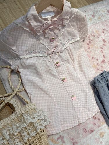 【小软摘星星】现货三天发自制草莓古早收腰棉布衬衣