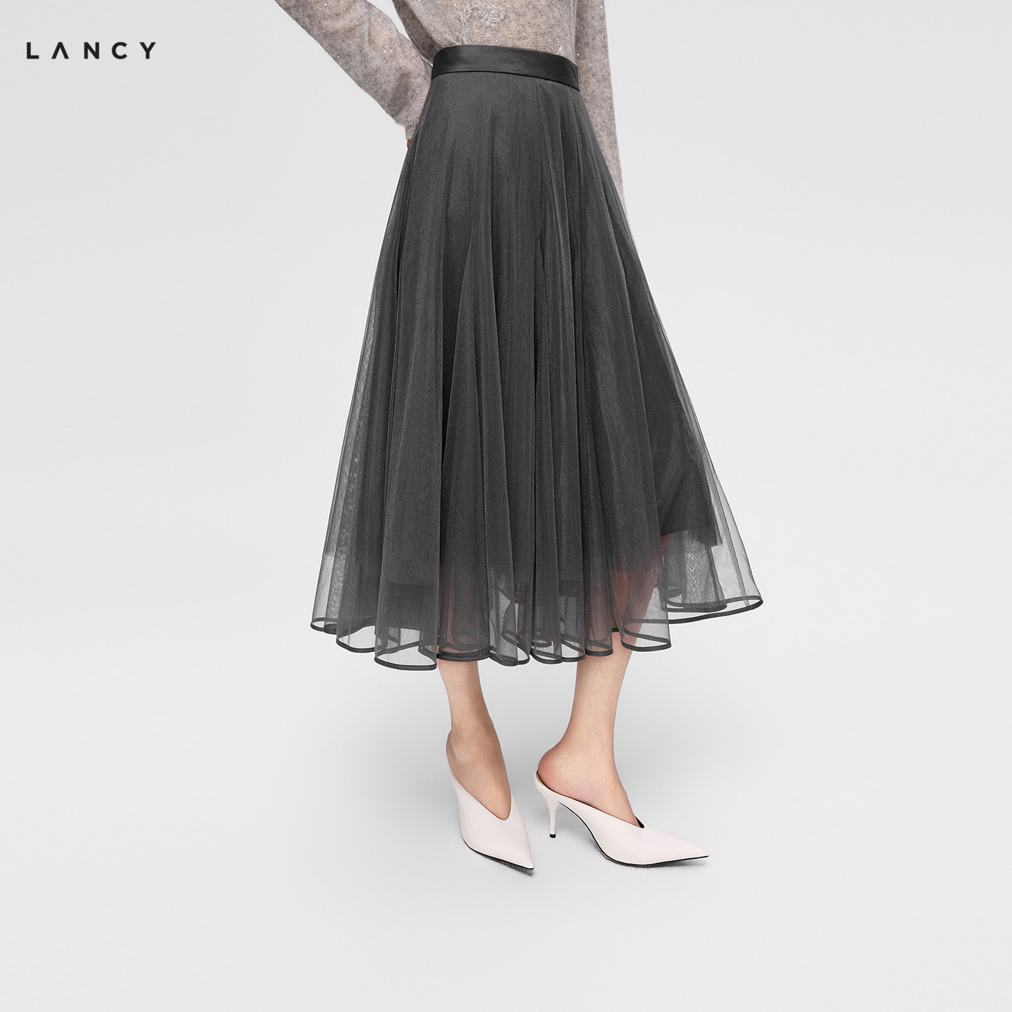LANCY/朗姿2026年秋季新款气质网纱拼接A字半身裙轻薄中长裙子女图片