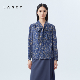 女時(shí)尚 LANCY 真絲印花家飄帶襯衫 新款 通勤氣質(zhì)襯衣 朗姿2023秋季