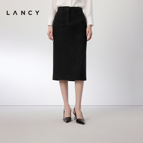 【重工亮片｜羊毛】LANCY/朗姿2024秋季小香风直筒高端高腰半身裙