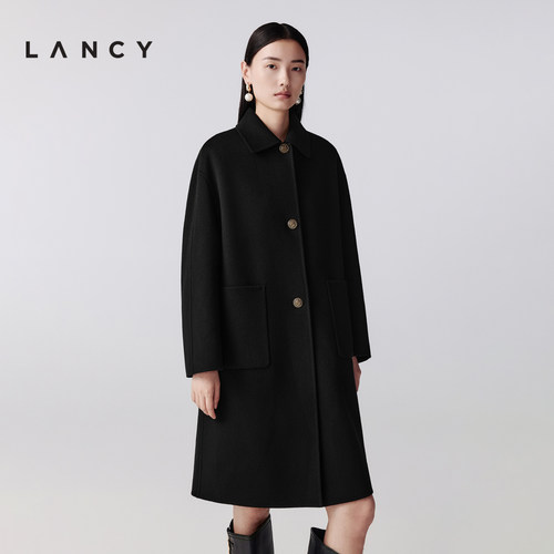 【宋佳同款丨纯羊毛】LANCY/朗姿2025冬新款气质黑色双面呢长大衣