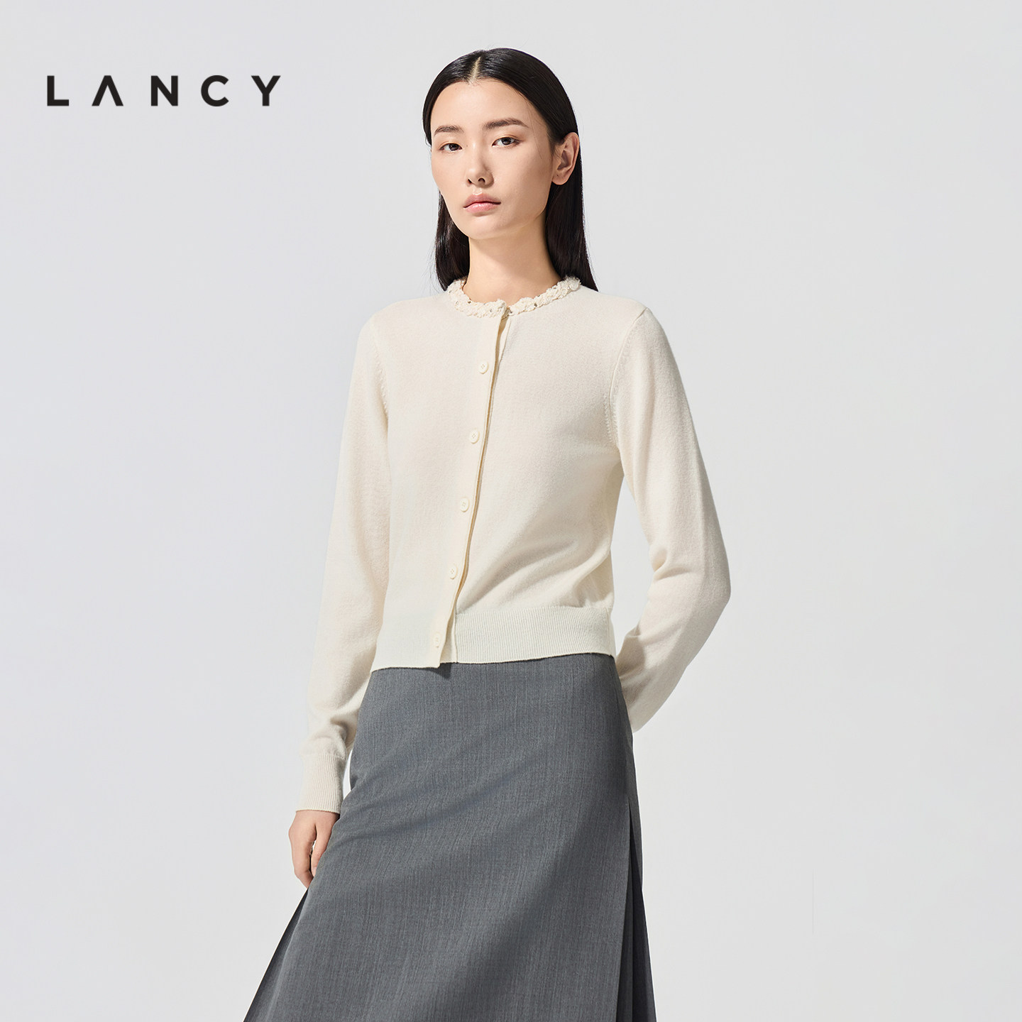 【纯羊毛】LANCY/朗姿2026春新款气质优雅亮片蕾丝圆领针织开衫女