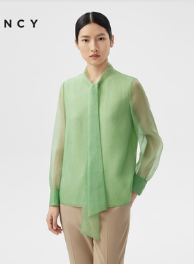 LANCY/朗姿2024春季新款翠绿色通勤飘带衬衫蝴蝶结法式设计感衬衣