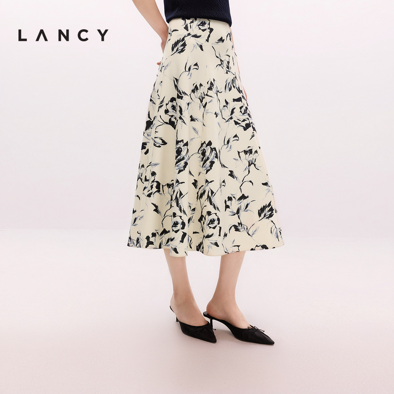 LANCY/朗姿夏季新款优雅气质印花复古A字高级感伞裙中长半身裙