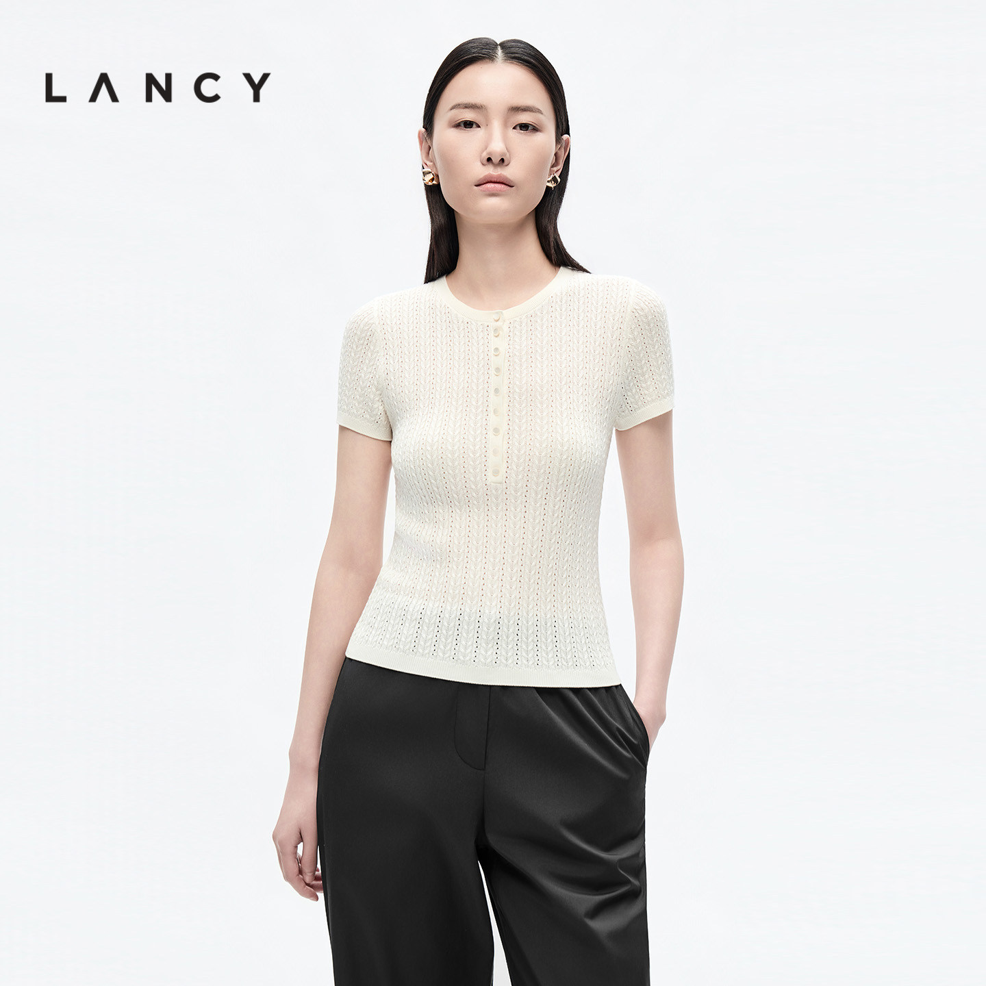 【莱赛尔三醋酸】LANCY/朗姿2026夏季新款修身亨利领短袖针织衫女