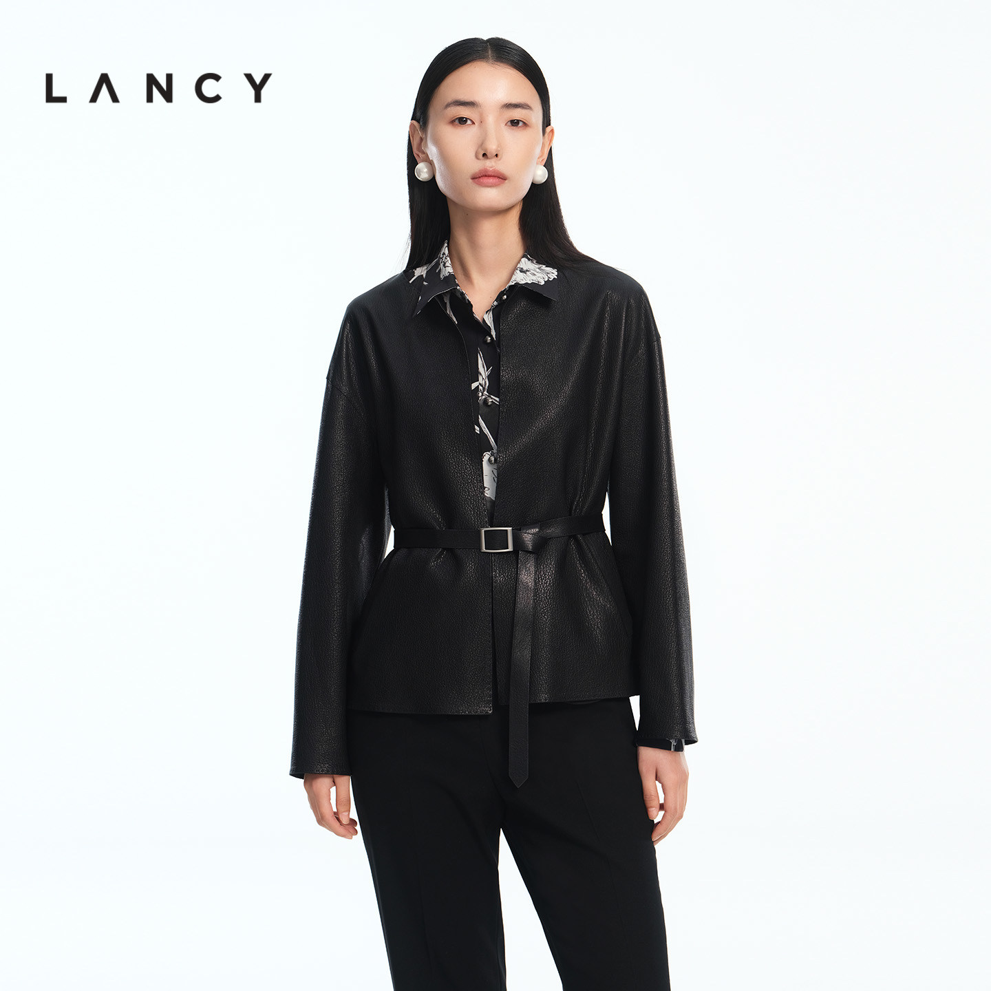【羊皮】LANCY/朗姿2026春季新款高端圆领腰带收腰短款黑色皮衣女