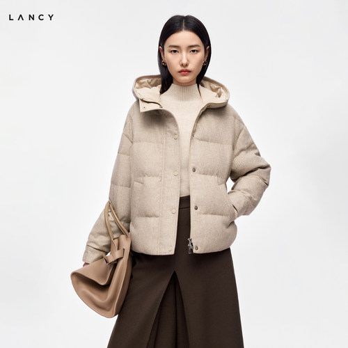 【匈牙利白鹅绒】LANCY/朗姿2026冬新款休闲连帽羊毛混纺短羽绒服