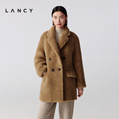 羊毛驼毛时尚 LANCY 朗姿2025冬新款 双排扣颗粒毛呢大衣翻领外套女