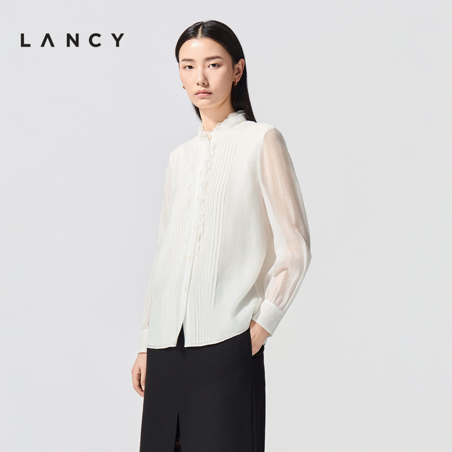 LANCY/朗姿2026春季新款优雅复古波浪花边设计感薄纱白衬衫上衣女图片
