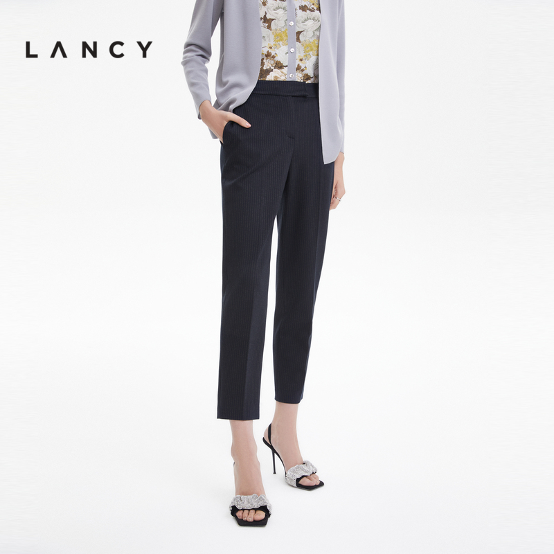 LANCY/朗姿2022秋季新款条纹九分直筒西裤通勤女商务高级西装裤子