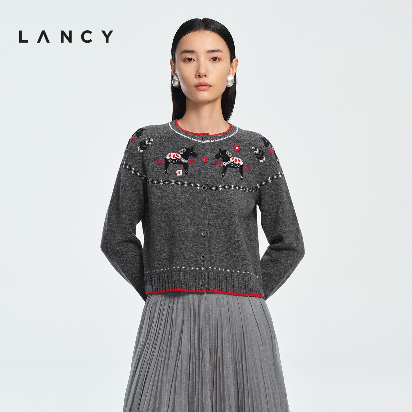 【马踏春风】LANCY/朗姿2026春新款纯羊毛新年圆领提花针织开衫女