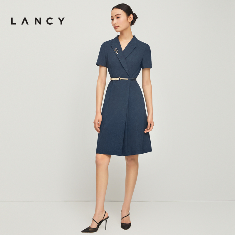 LANCY/朗姿2022夏季新款收腰短袖西装连衣裙子女设计感女商场同款