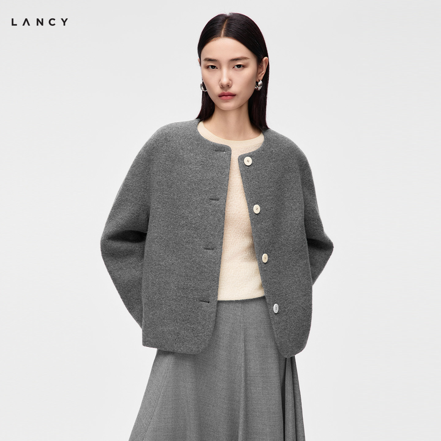 【纯羊毛】LANCY/朗姿2026冬季新款气质简约圆领肌理感大衣短外套