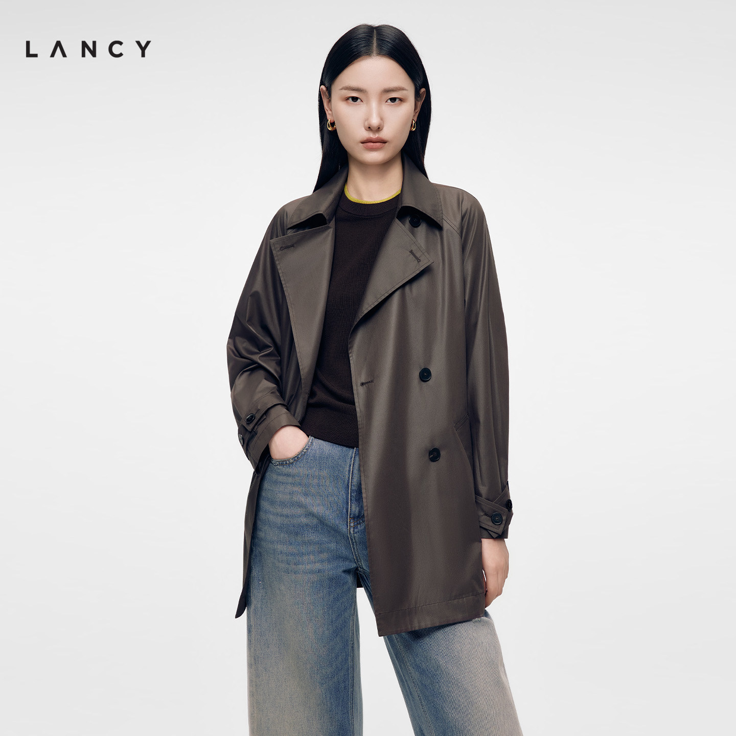 LANCY/朗姿2026年秋季新款时尚翻领收腰薄款纸皮风衣外套中长款女图片