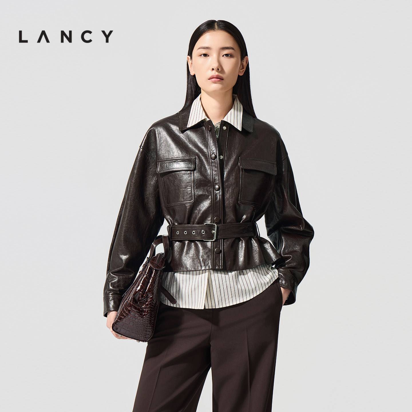 【羊皮】LANCY/朗姿2026春季新款时尚设计感廓形收腰皮衣短外套女
