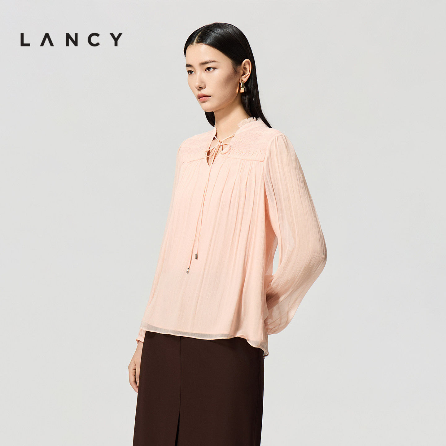 LANCY/朗姿2026夏季新款法式气质粉色木耳边灯笼袖名媛衬衫上衣女